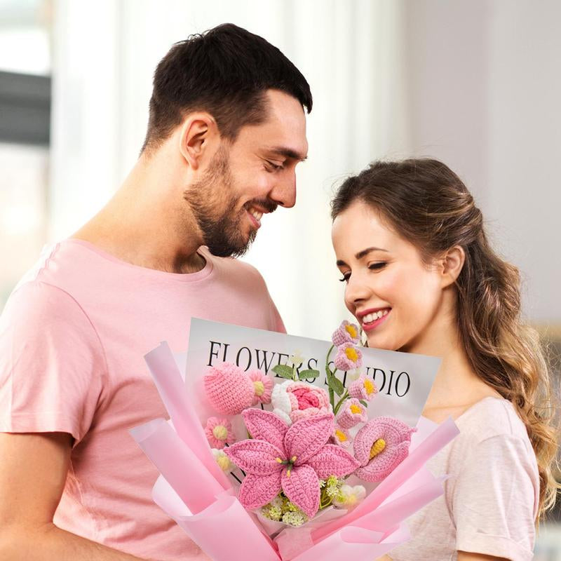 Handcrafted Wrapped Crochet Flower Bouquet featuring Lily, Rose, Tulip, Lily of the Valley, and Cala Lily - Perfect Gift for Graduation, Birthdays, and Special Occasions