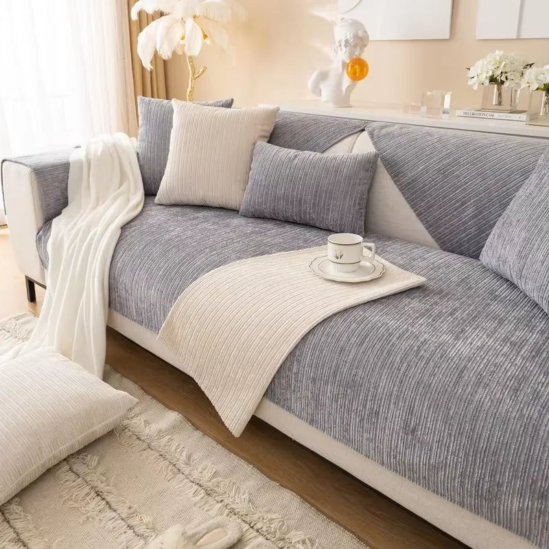 Transform Your Living Room with Our Striped Chenille Sofa Cover - Perfect Anti-Dirty Non-Slip Solution for Families with Pets and Kids