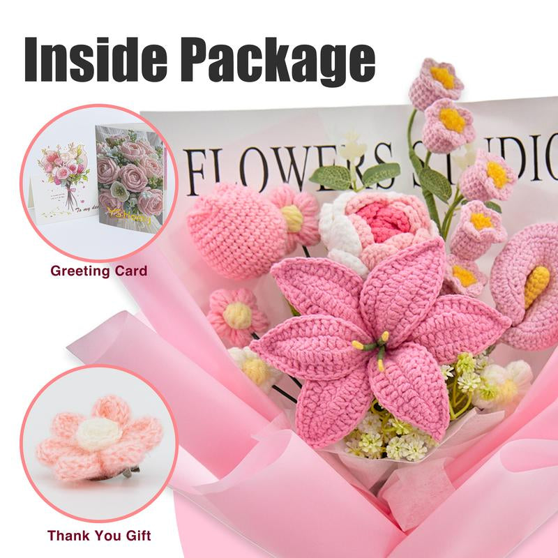 Handcrafted Wrapped Crochet Flower Bouquet featuring Lily, Rose, Tulip, Lily of the Valley, and Cala Lily - Perfect Gift for Graduation, Birthdays, and Special Occasions