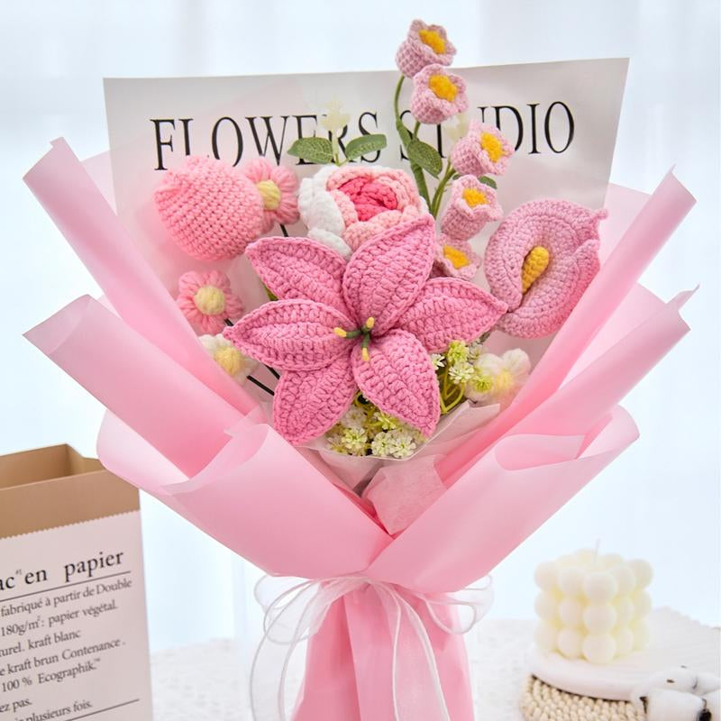 Handcrafted Wrapped Crochet Flower Bouquet featuring Lily, Rose, Tulip, Lily of the Valley, and Cala Lily - Perfect Gift for Graduation, Birthdays, and Special Occasions