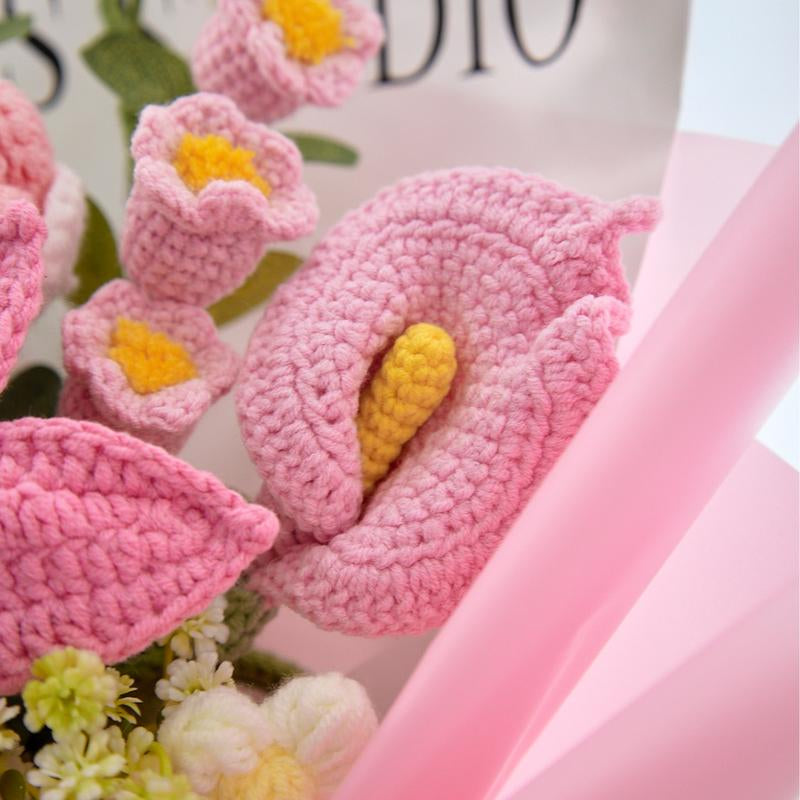 Handcrafted Wrapped Crochet Flower Bouquet featuring Lily, Rose, Tulip, Lily of the Valley, and Cala Lily - Perfect Gift for Graduation, Birthdays, and Special Occasions