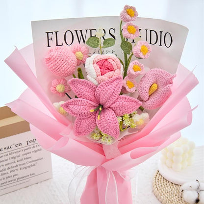 Handcrafted Wrapped Crochet Flower Bouquet featuring Lily, Rose, Tulip, Lily of the Valley, and Cala Lily - Perfect Gift for Graduation, Birthdays, and Special Occasions