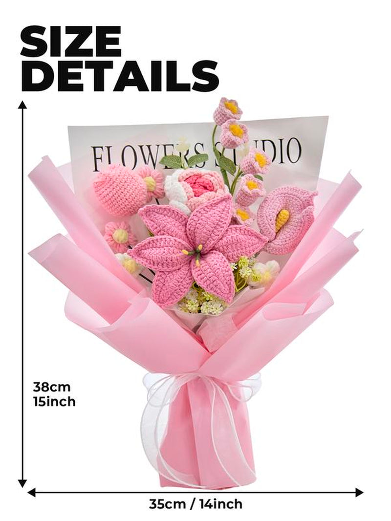 Handcrafted Wrapped Crochet Flower Bouquet featuring Lily, Rose, Tulip, Lily of the Valley, and Cala Lily - Perfect Gift for Graduation, Birthdays, and Special Occasions